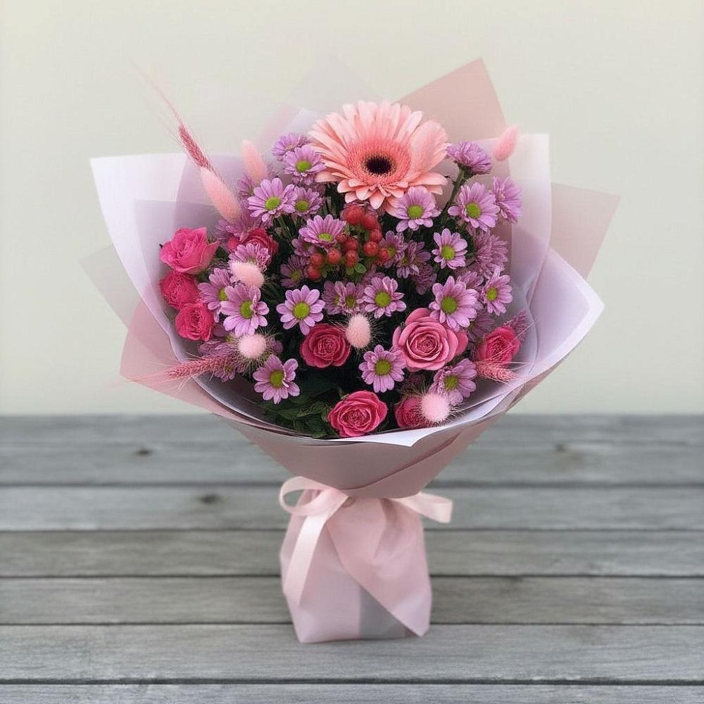 Букет цветов из: Розы, Герберы и Хризантемы в Голиково