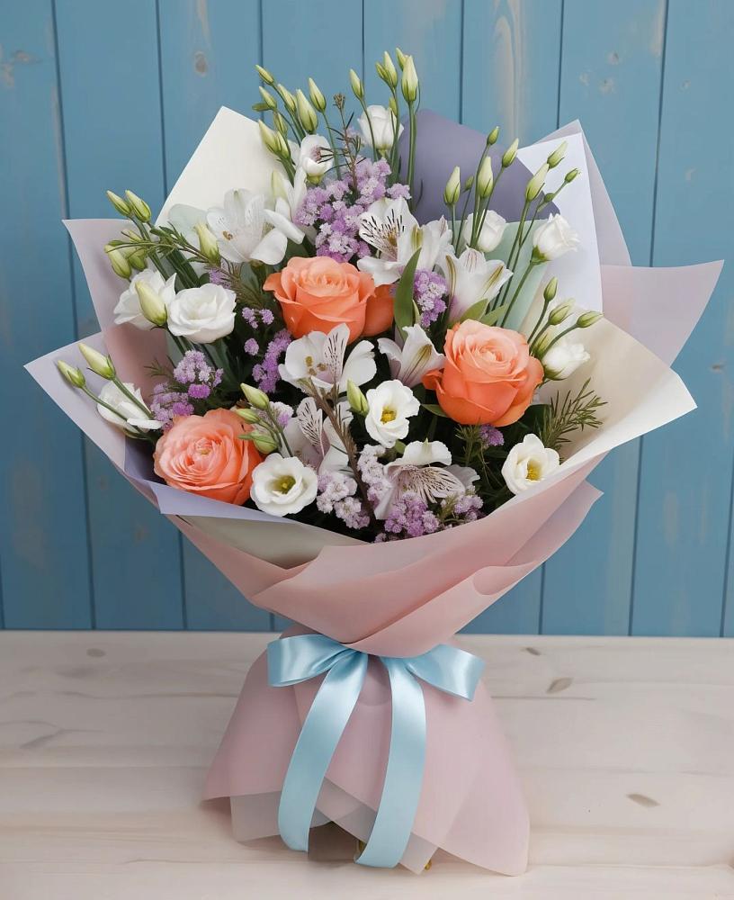 Букет цветов из: Лизиантусы, Розы, Альстромерии и Гипсофила в Голиково