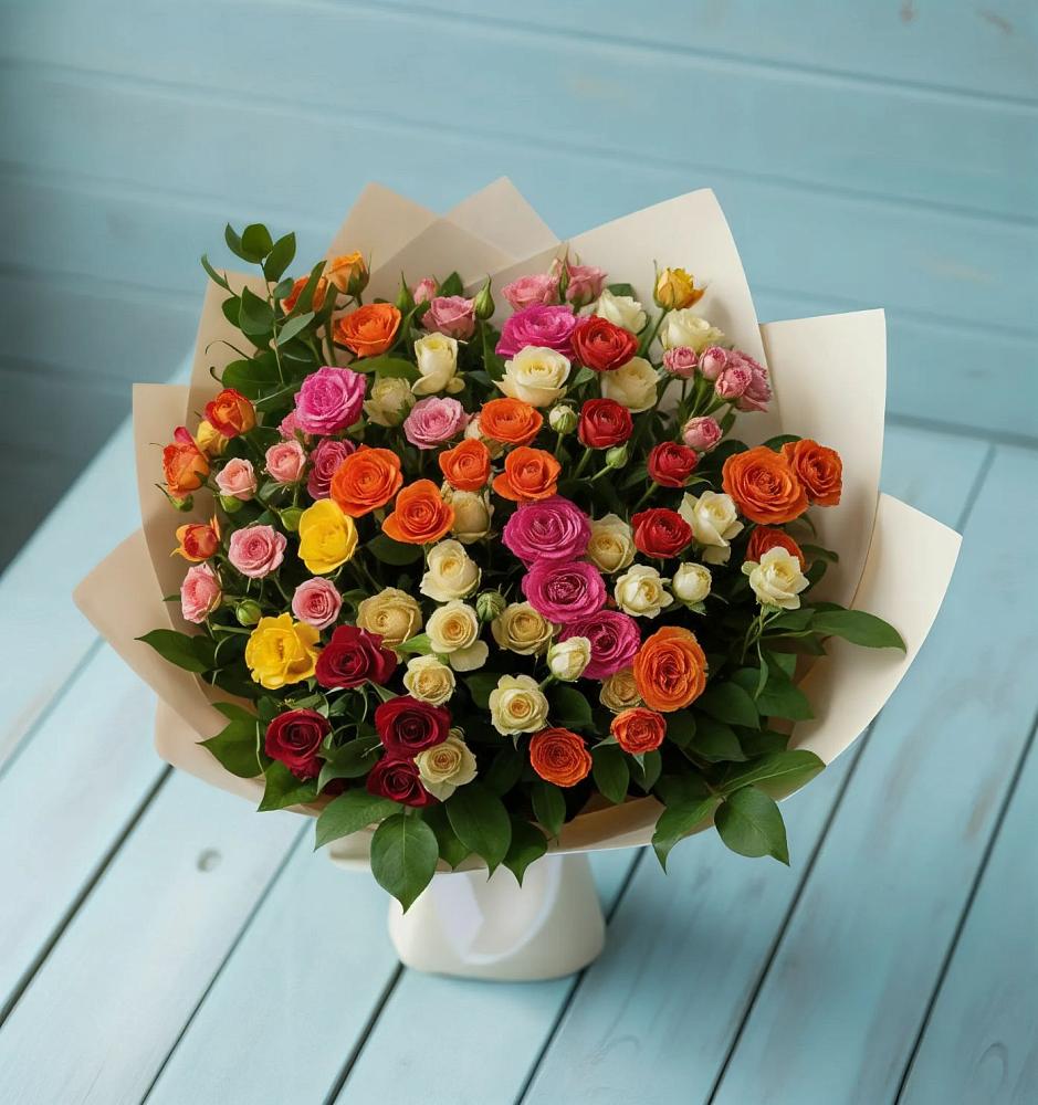 Букет Микс из разноцветных кустовых роз в Голиково
