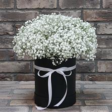 Цветочная композиция из Гипсофила в шляпной коробке в Голиково