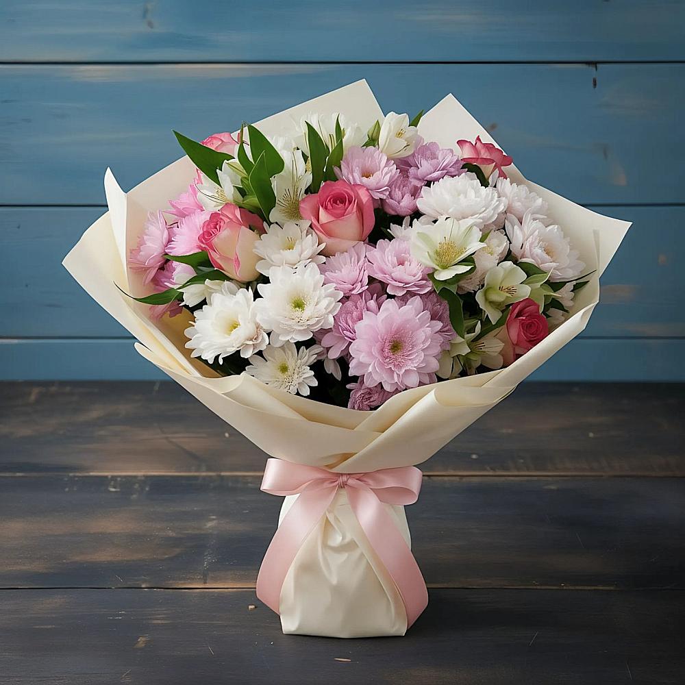 Букет цветов из: Хризантемы, Альстромерии и Розы в Голиково